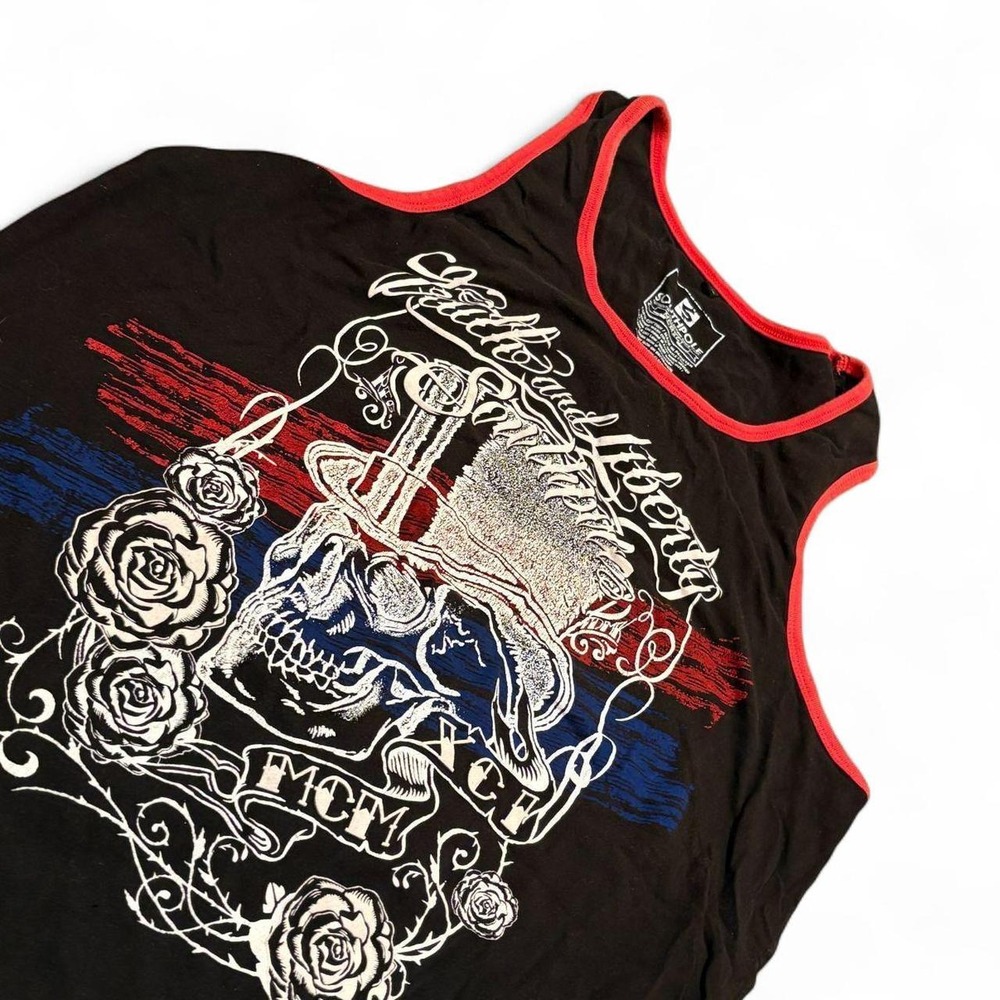 Southpole Mens Skull Roses Graphic Tank Top Black Red Trim XL Streetwear